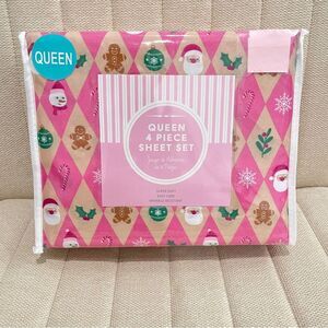 NEW Christmas Queen Pink and Tan Sheet Set Santa Gingerbread Candy Cane